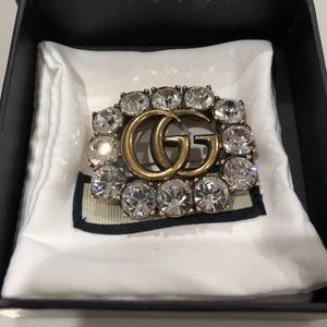Gucci Metal Crystal Double GG Brooch Aged Gold